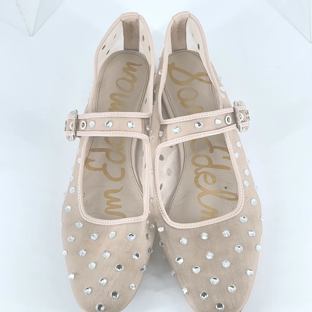 Sam Edelman Size 8.5 Mesh Crystal Mary Jane Flats Nude Beige Rhinestone Michaela - Picture 8 of 14